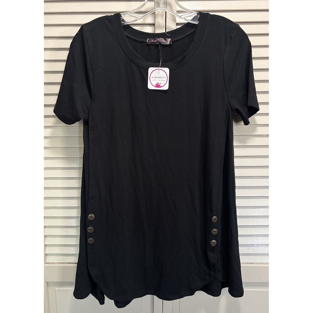 Sheila Rose Black Short Sleeve Size L Round Neck Tunic Top NWT Button Detail